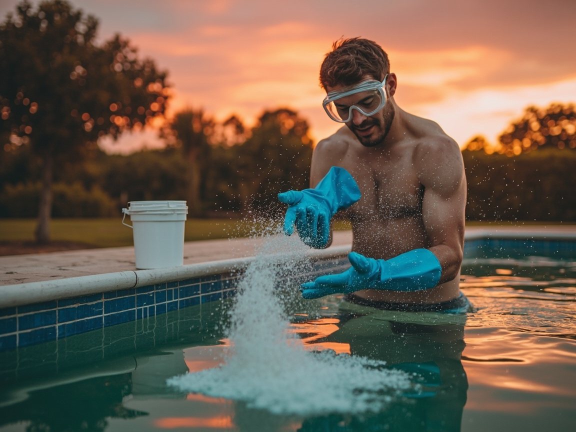 Pool owner wearing rubber gloves and safety goggles broadcasting shock granules across the pool at sunset