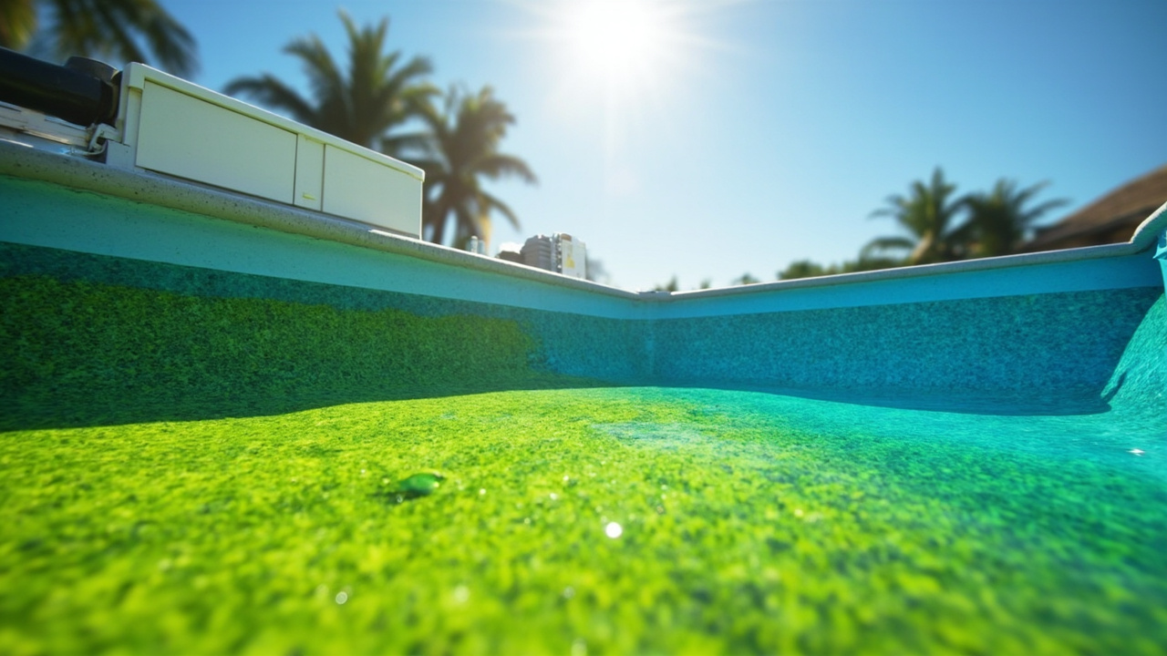 Saltwater pool with mild algae tint and salt cell